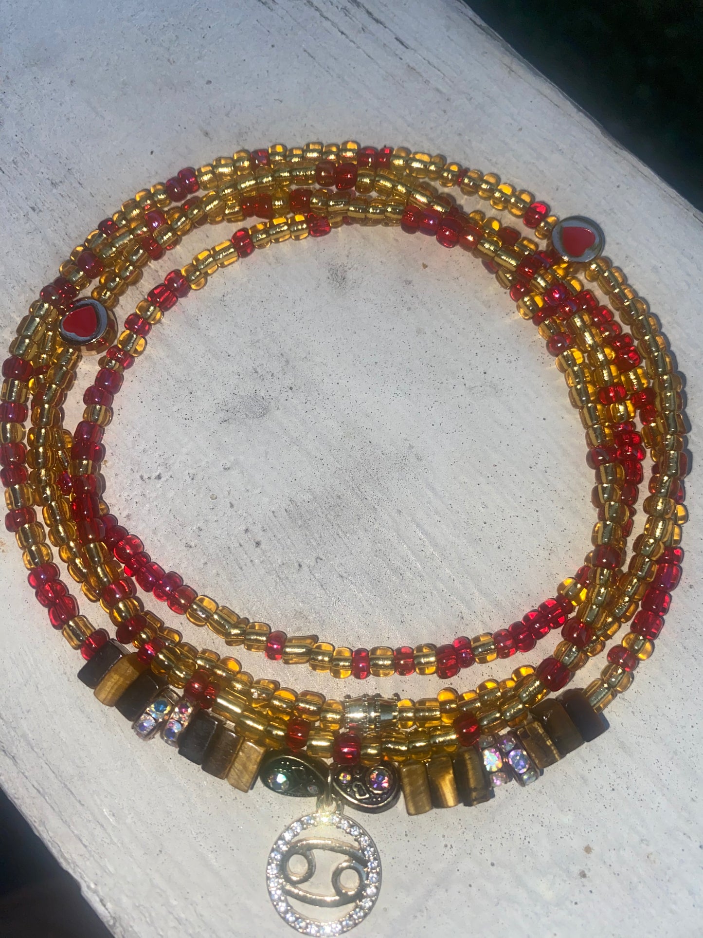 Tigers Eye & Red Jasper Heart Stone Waist Bead & Anklet With Zodiac