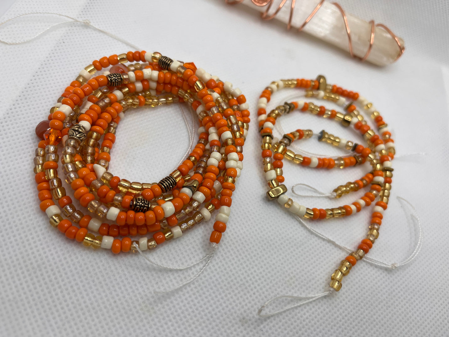 Orange & Gold Plated Hematite Tie On Waist Bead