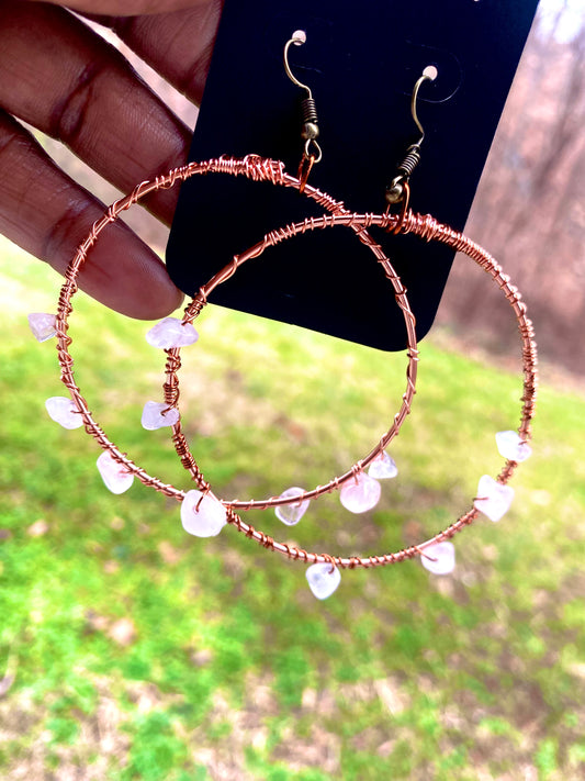Copper and rose quartz hoop earrings